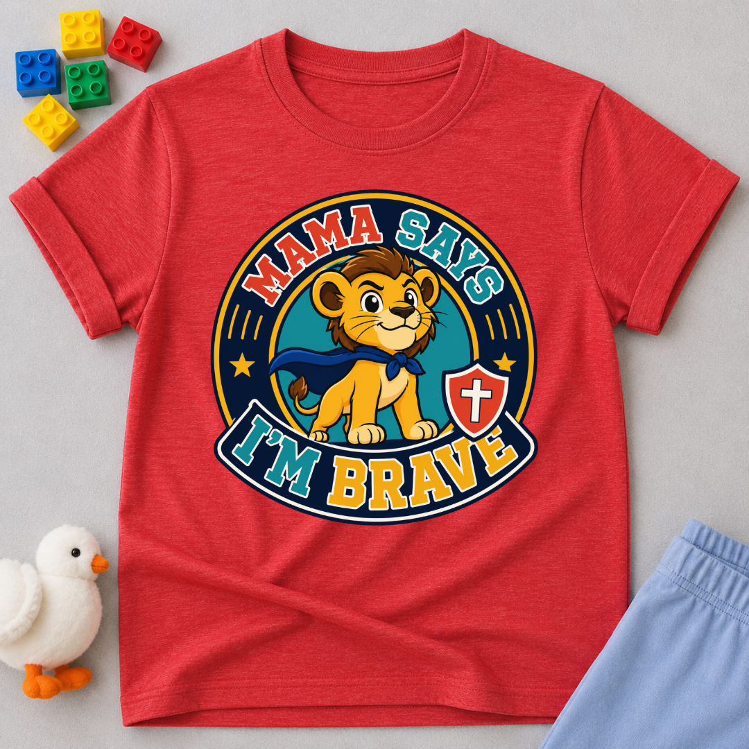Mama Says I'm Brave Lion Christian kids shirt in red featuring a brave lion with a shield
