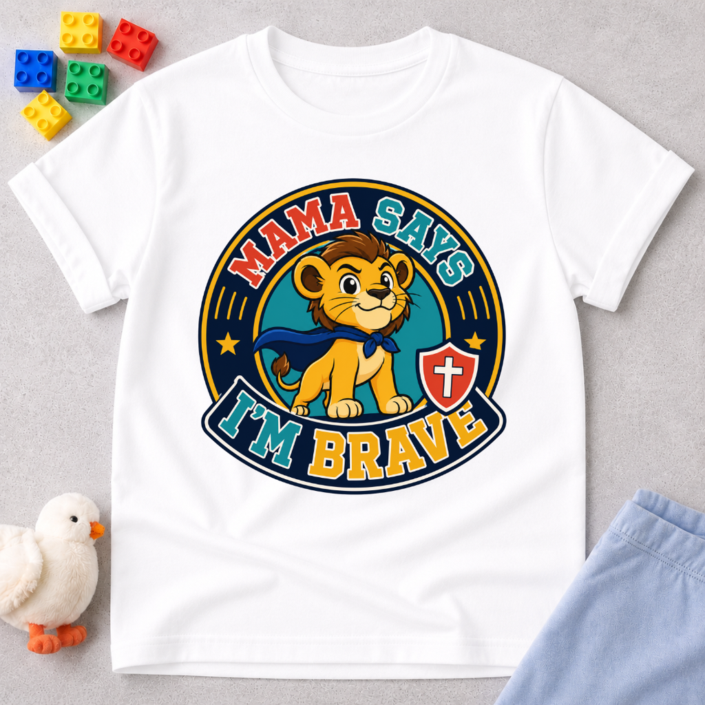 Mama Says I'm Brave Lion Christian kids shirt in white featuring a brave lion with a shield
