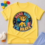 Mama Says I'm Brave Lion Christian kids shirt in yellow featuring a brave lion with a shield
