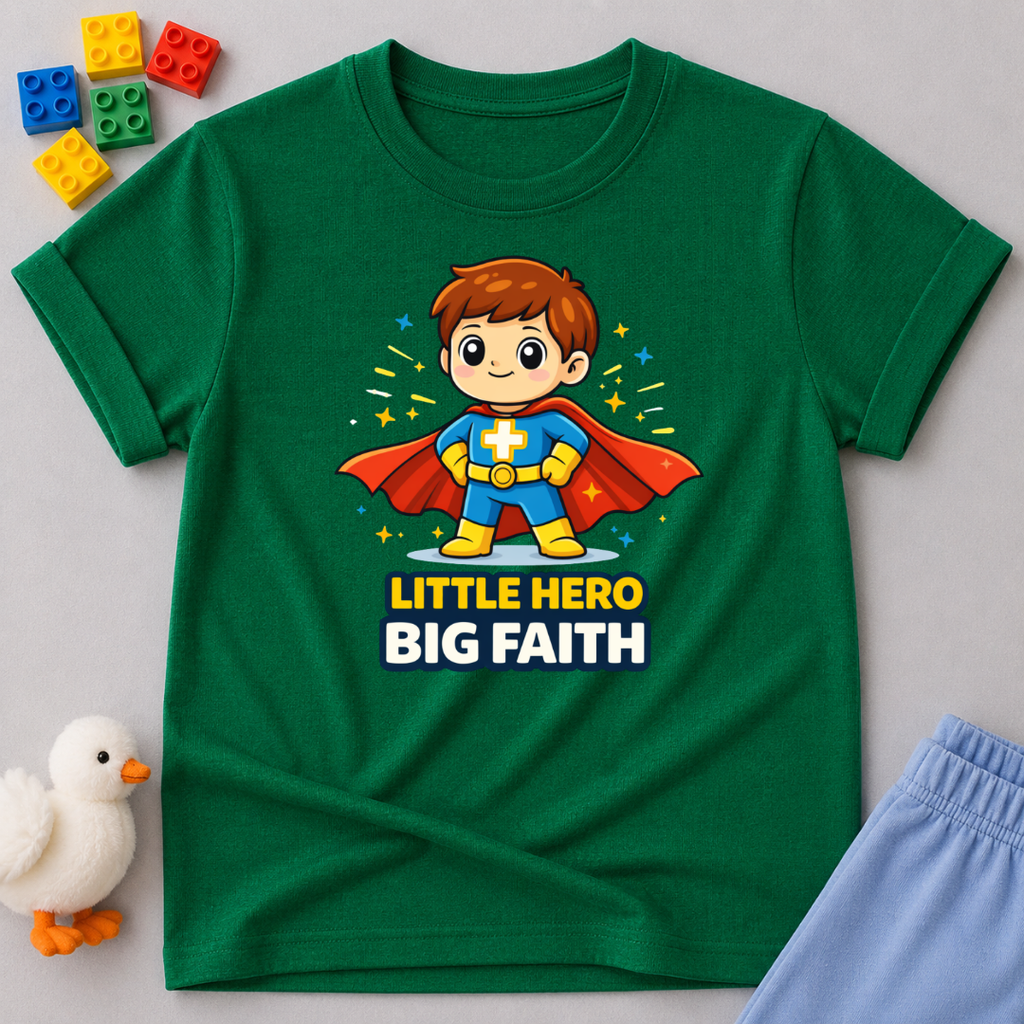 Mighty Faith Adventurer Christian kids shirt in Green featuring a young superhero with a faith-inspired message