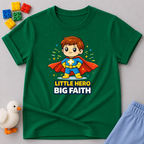 Mighty Faith Adventurer Christian kids shirt in Green featuring a young superhero with a faith-inspired message