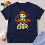 Mighty Faith Adventurer Christian kids shirt in Navy featuring a young superhero with a faith-inspired message