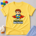 Mighty Faith Adventurer Christian kids shirt in Yellow featuring a young superhero with a faith-inspired message