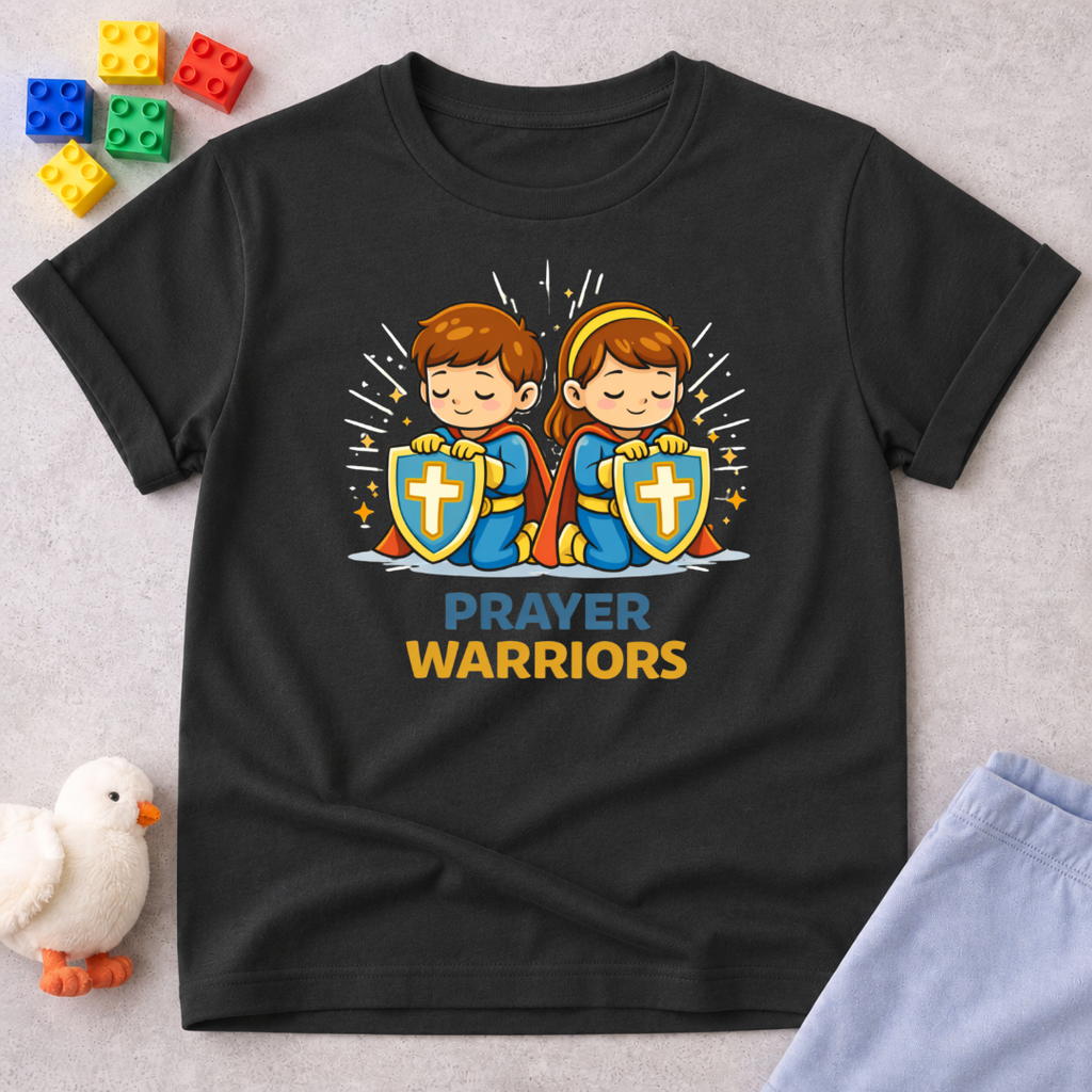 Mighty Prayer Warriors Christian kids shirt in Black featuring young prayer warrior heroes with shields