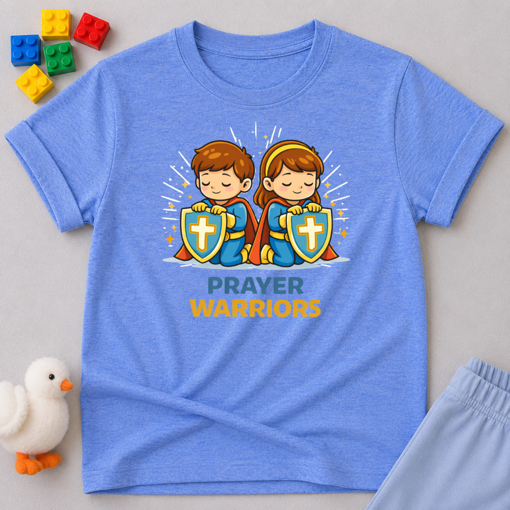 Mighty Prayer Warriors Christian kids shirt in Blue featuring young prayer warrior heroes with shields
