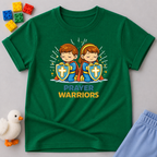 Mighty Prayer Warriors Christian kids shirt in Green featuring young prayer warrior heroes with shields