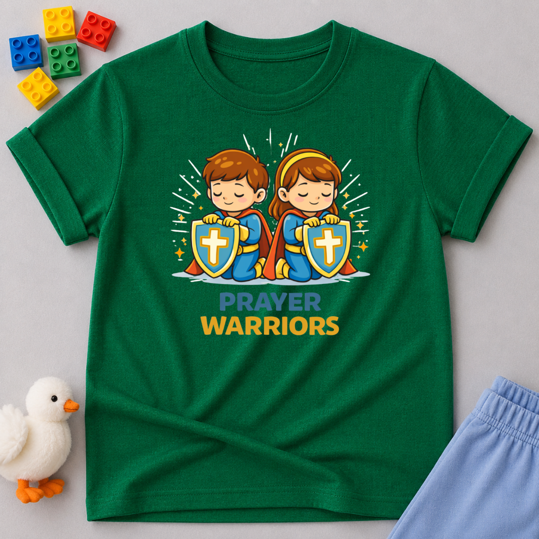 Mighty Prayer Warriors Christian kids shirt in Green featuring young prayer warrior heroes with shields