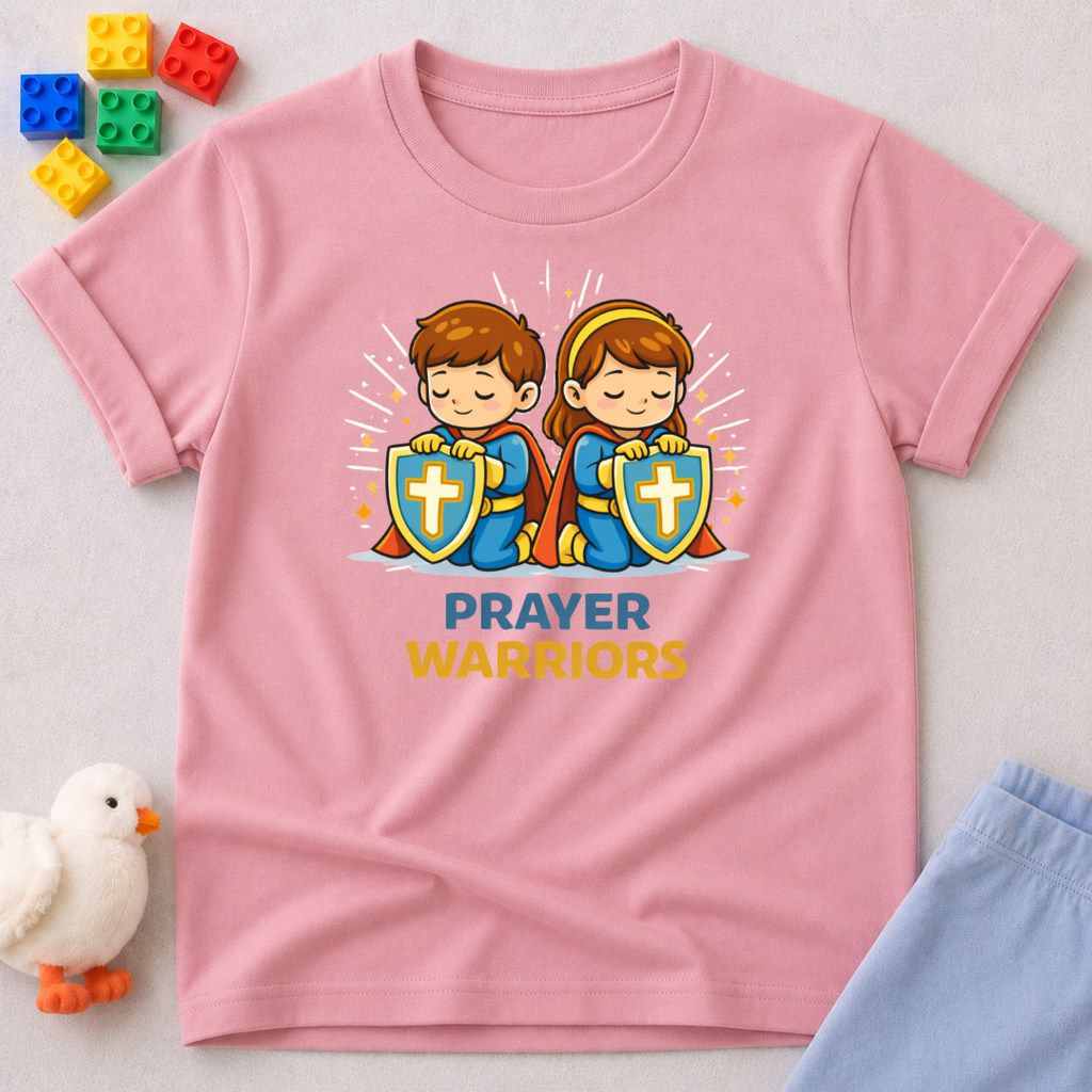 Mighty Prayer Warriors Christian kids shirt in Pink featuring young prayer warrior heroes with shields