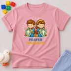 Mighty Prayer Warriors Christian kids shirt in Pink featuring young prayer warrior heroes with shields