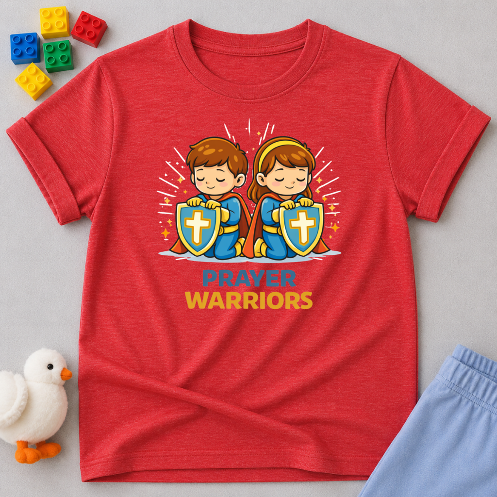 Mighty Prayer Warriors Christian kids shirt in Red featuring young prayer warrior heroes with shields
