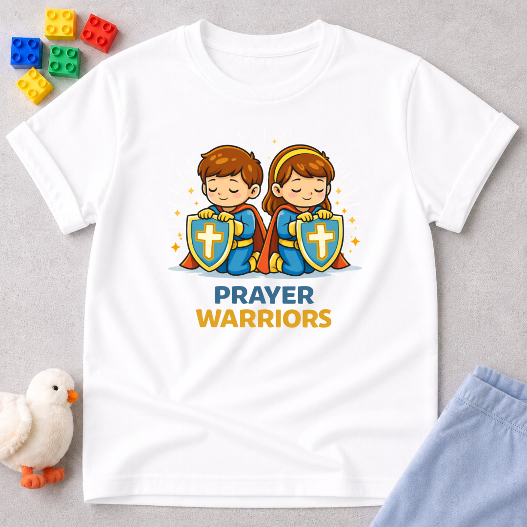 Mighty Prayer Warriors Christian kids shirt in White featuring young prayer warrior heroes with shields