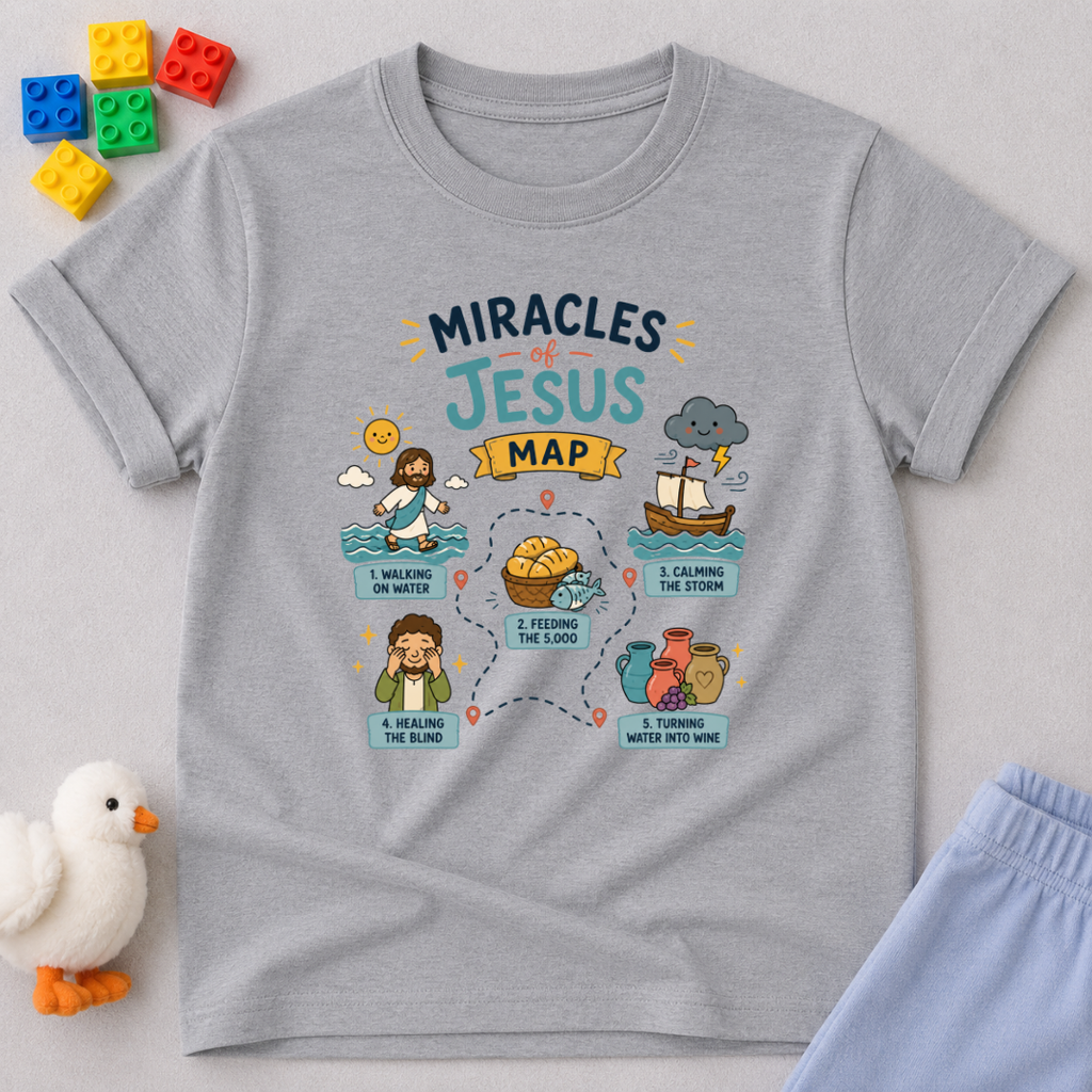 Miracles of Jesus Map Christian kids shirt in Gray featuring illustrated Bible miracle locations and educational faith artwork