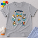 Miracles of Jesus Map Christian kids shirt in Gray featuring illustrated Bible miracle locations and educational faith artwork