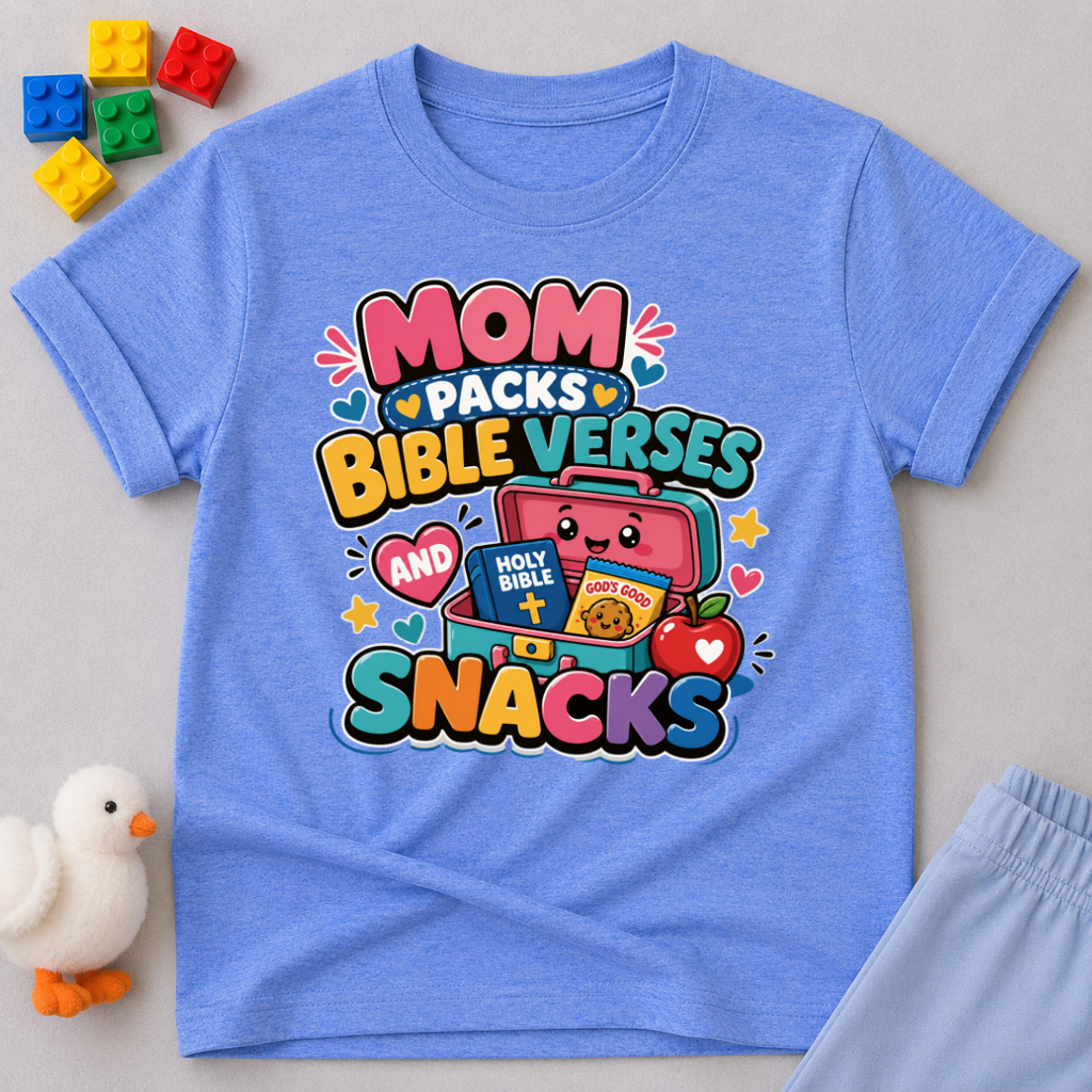 Mom Packs Bible Verses and Snacks Christian kids shirt in blue featuring a lunchbox, Bible, and snacks
