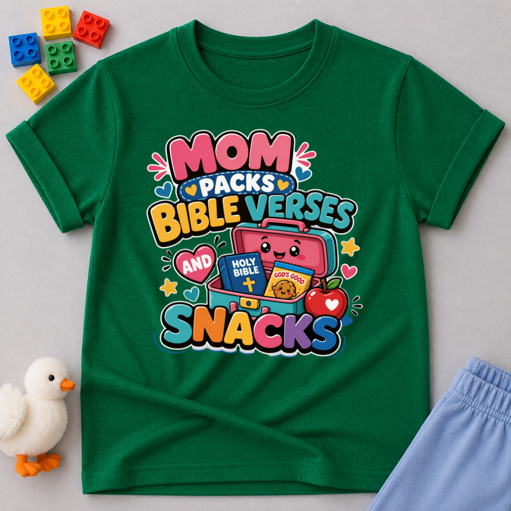 Mom Packs Bible Verses and Snacks Christian kids shirt in green featuring a lunchbox, Bible, and snacks
