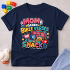 Mom Packs Bible Verses and Snacks Christian kids shirt in navy featuring a lunchbox, Bible, and snacks
