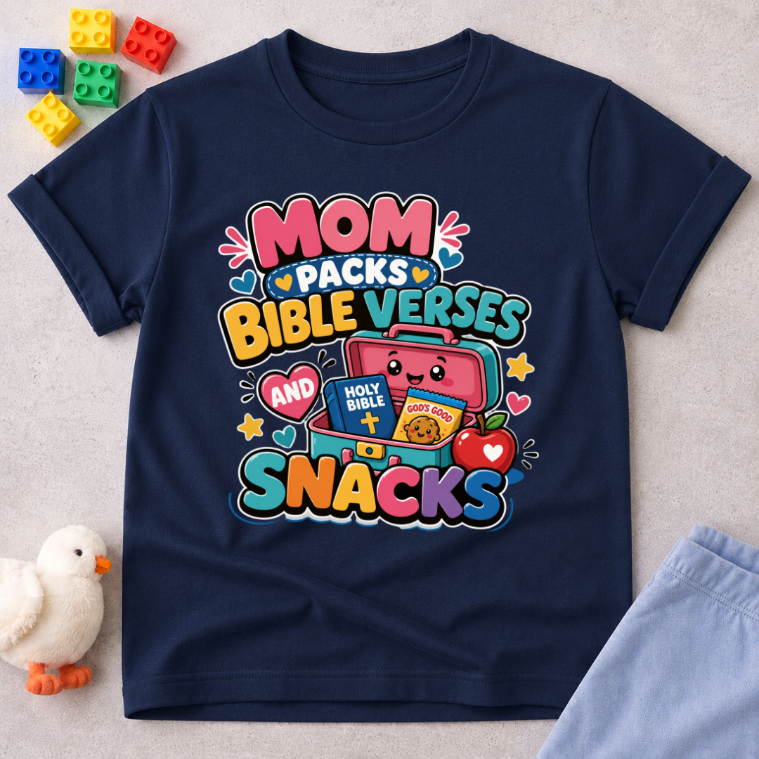 Mom Packs Bible Verses and Snacks Christian kids shirt in navy featuring a lunchbox, Bible, and snacks
