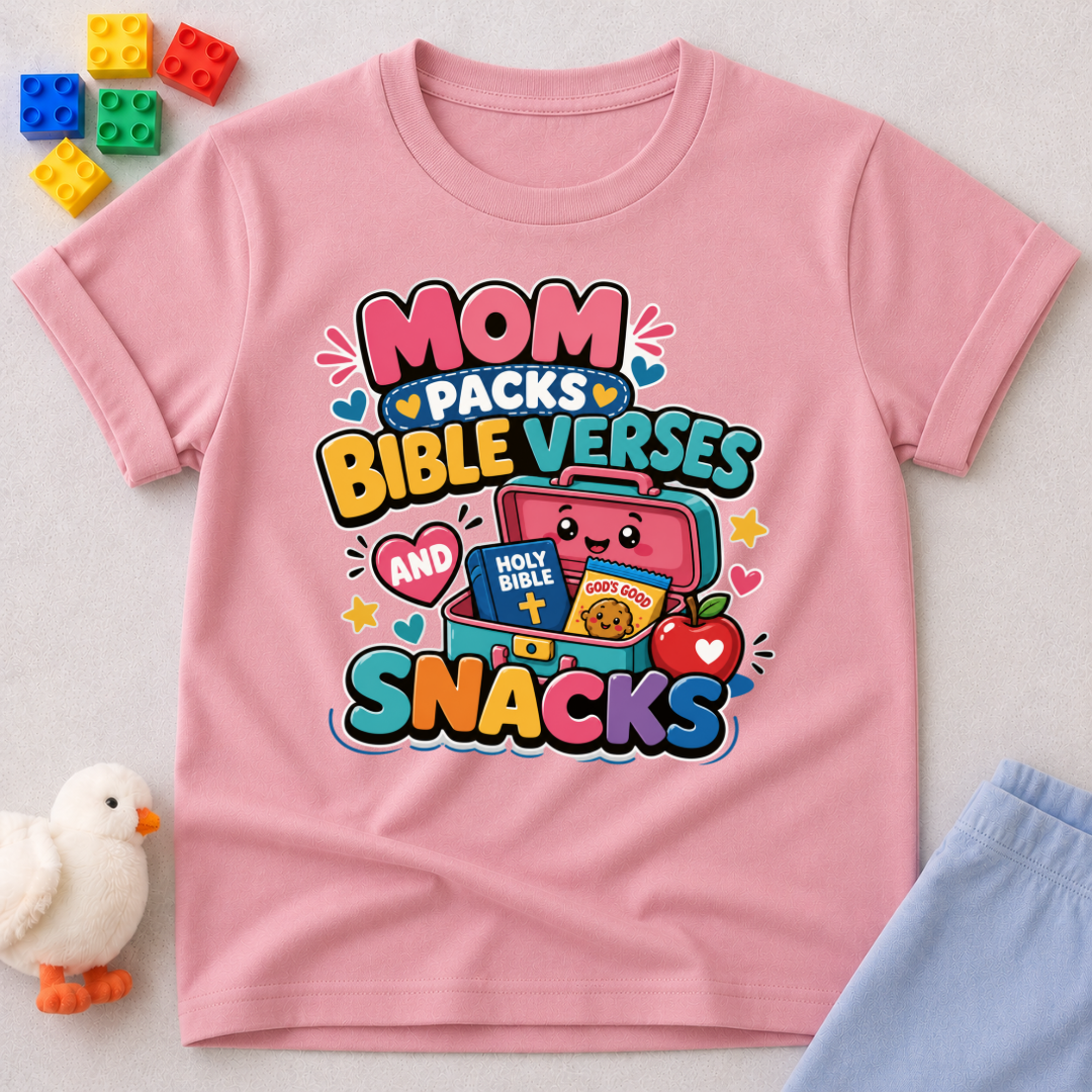 Mom Packs Bible Verses and Snacks Christian kids shirt in pink featuring a lunchbox, Bible, and snacks

