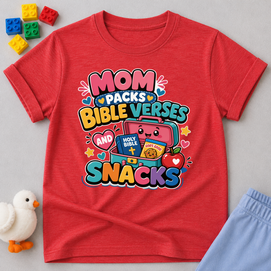 Mom Packs Bible Verses and Snacks Christian kids shirt in red featuring a lunchbox, Bible, and snacks
