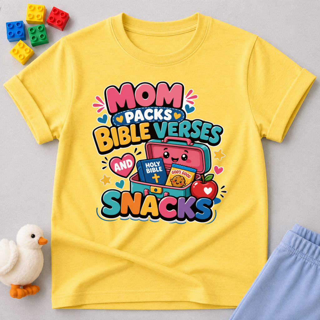 Mom Packs Bible Verses and Snacks Christian kids shirt in yellow featuring a lunchbox, Bible, and snacks
