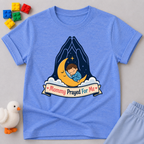 Mommy Prayed for Me Christian kids shirt in blue featuring a sleeping child on the moon
