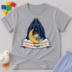 Mommy Prayed for Me Christian kids shirt in gray featuring a sleeping child on the moon
