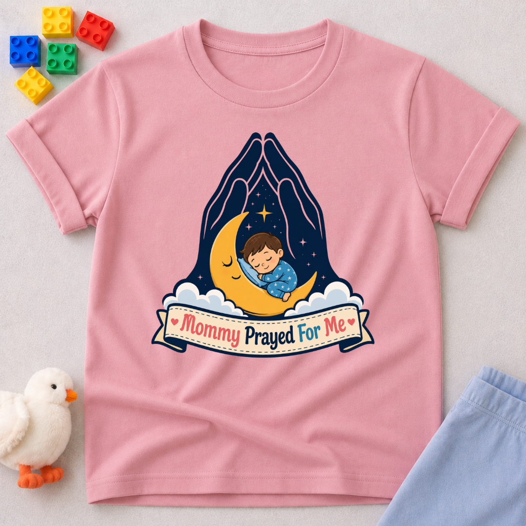 Mommy Prayed for Me Christian kids shirt in pink featuring a sleeping child on the moon
