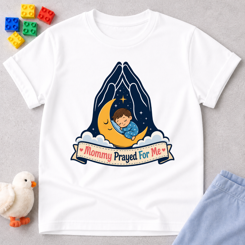Mommy Prayed for Me Christian kids shirt in white featuring a sleeping child on the moon
