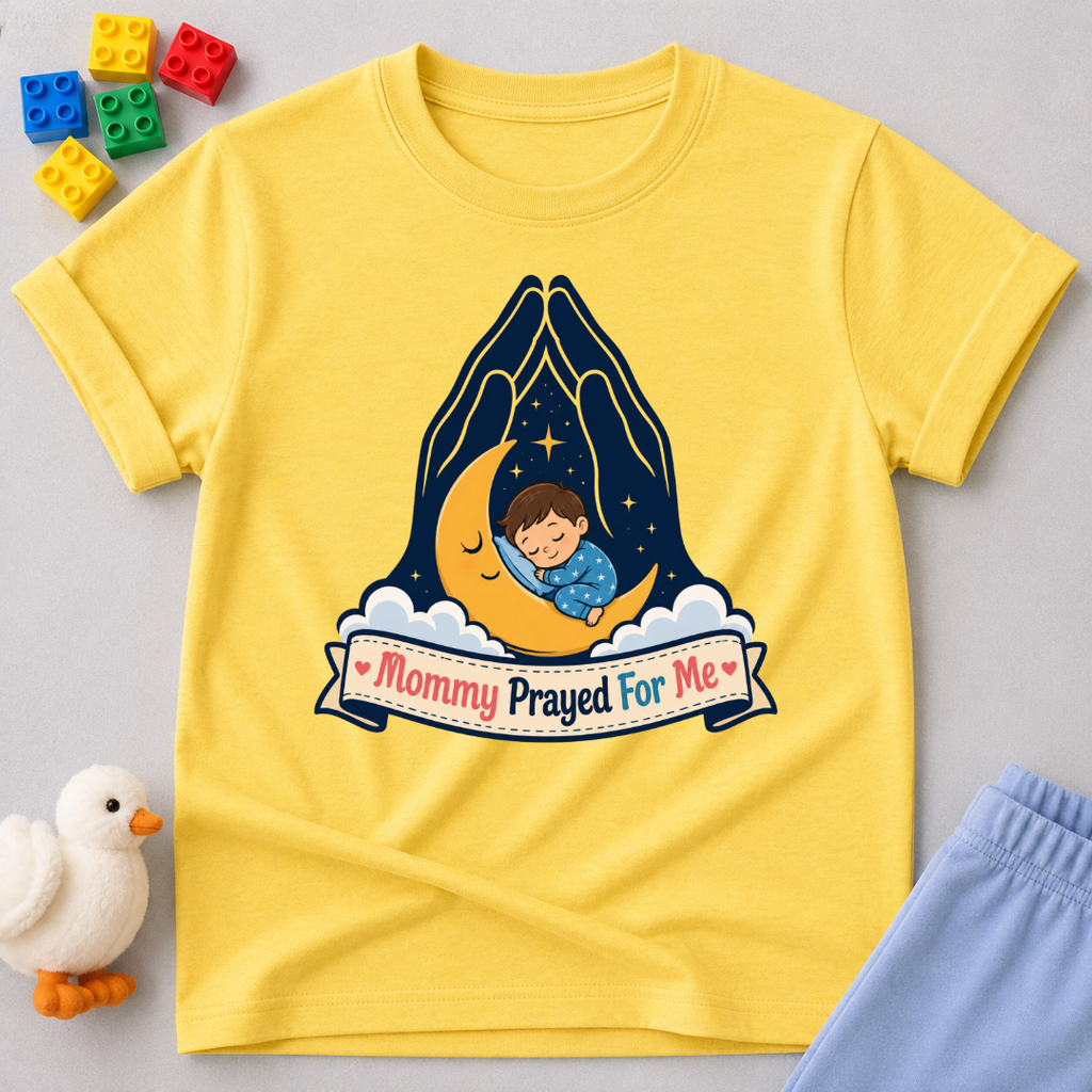 Mommy Prayed for Me Christian kids shirt in yellow featuring a sleeping child on the moon
