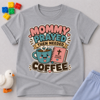 Mommy Prayed Then Needed Coffee Christian kids shirt in gray featuring a smiling coffee cup and Bible

