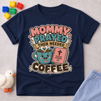 Mommy Prayed Then Needed Coffee Christian kids shirt in navy featuring a smiling coffee cup and Bible
