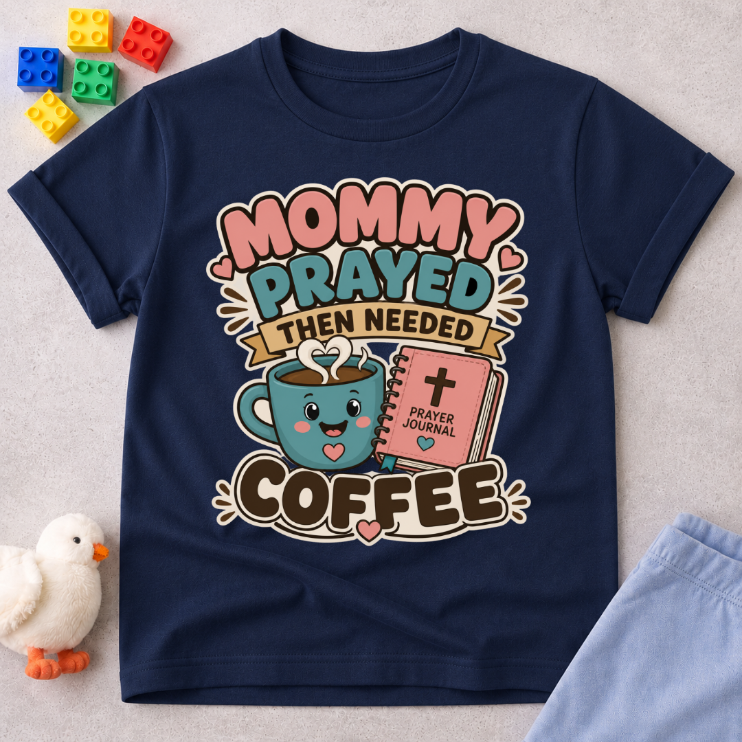 Mommy Prayed Then Needed Coffee Christian kids shirt in navy featuring a smiling coffee cup and Bible
