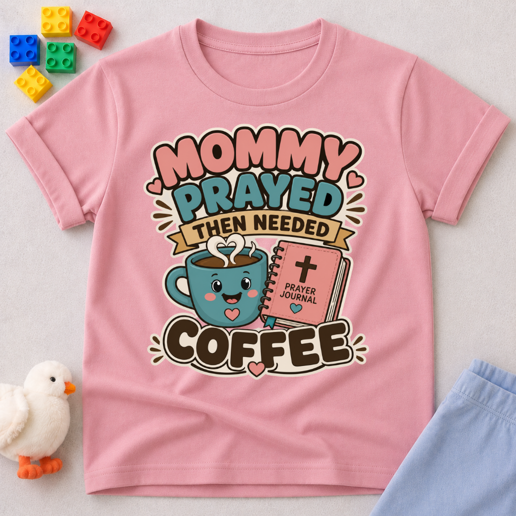 Mommy Prayed Then Needed Coffee Christian kids shirt in pink featuring a smiling coffee cup and Bible
