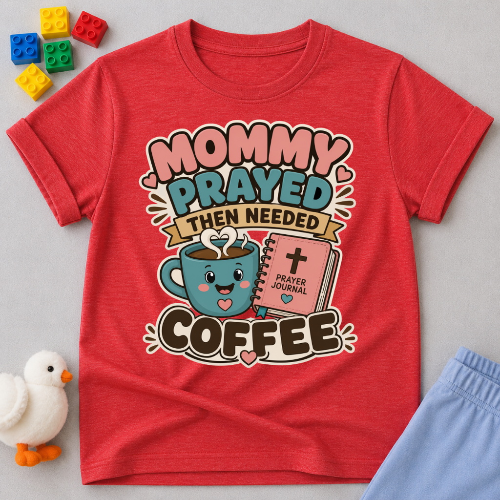 Mommy Prayed Then Needed Coffee Christian kids shirt in red featuring a smiling coffee cup and Bible
