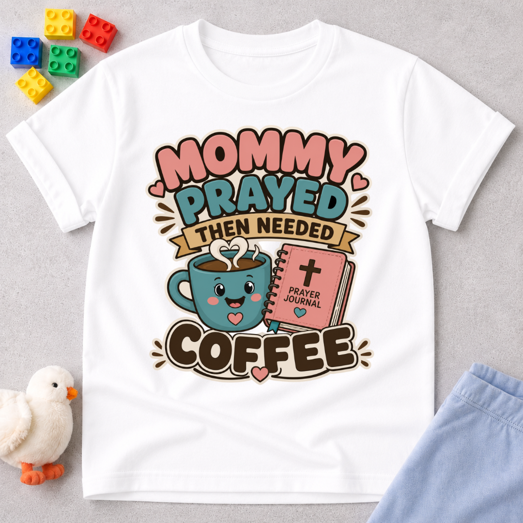 Mommy Prayed Then Needed Coffee Christian kids shirt in white featuring a smiling coffee cup and Bible
