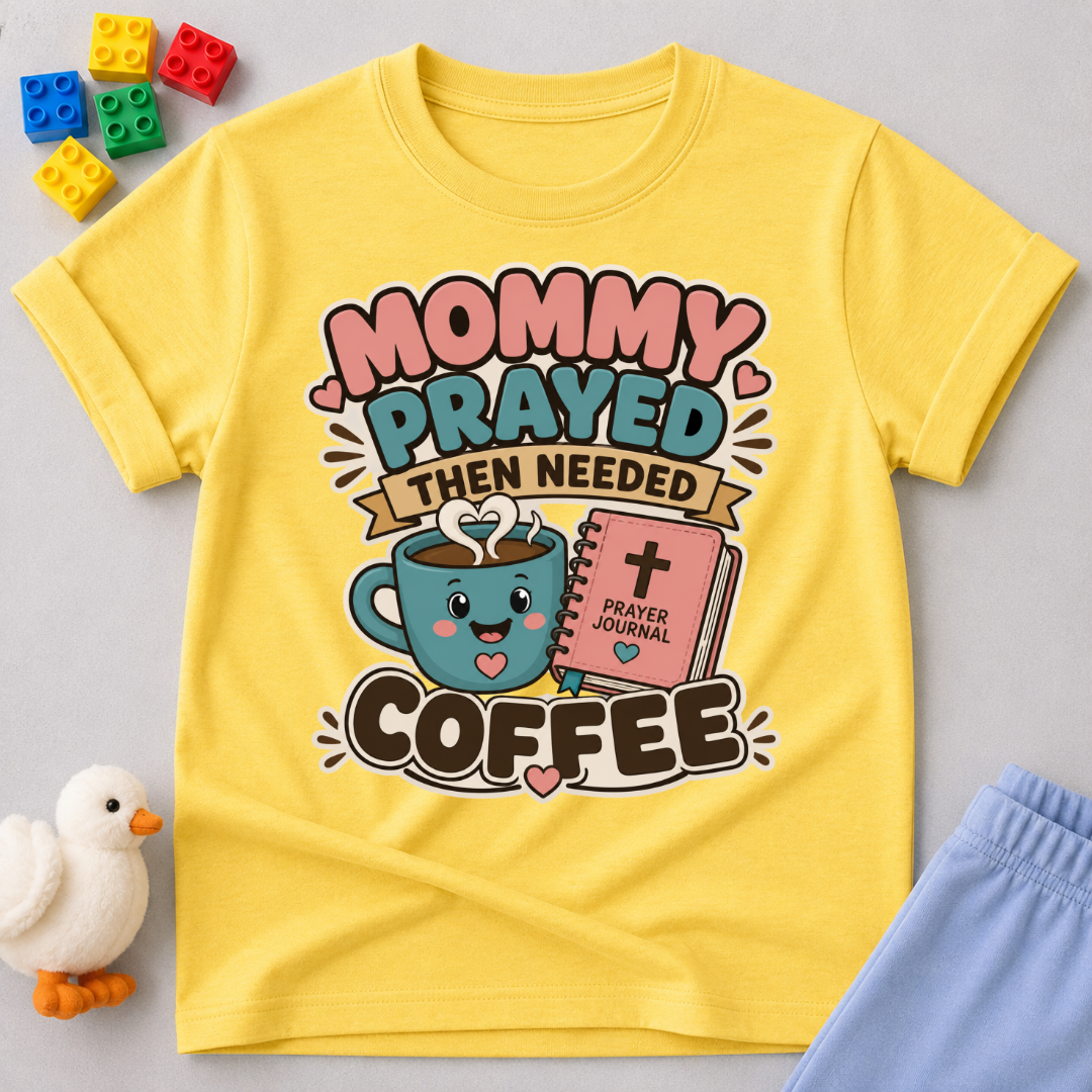 Mommy Prayed Then Needed Coffee Christian kids shirt in yellow featuring a smiling coffee cup and Bible
