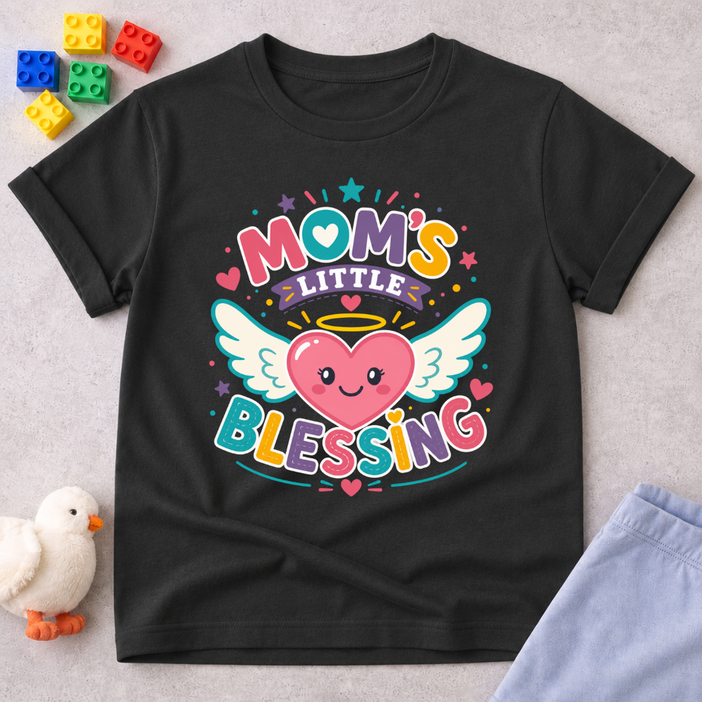 Mom's Little Blessing Heart Christian kids shirt in black featuring a smiling heart with angel wings
