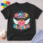 Mom's Little Blessing Heart Christian kids shirt in black featuring a smiling heart with angel wings
