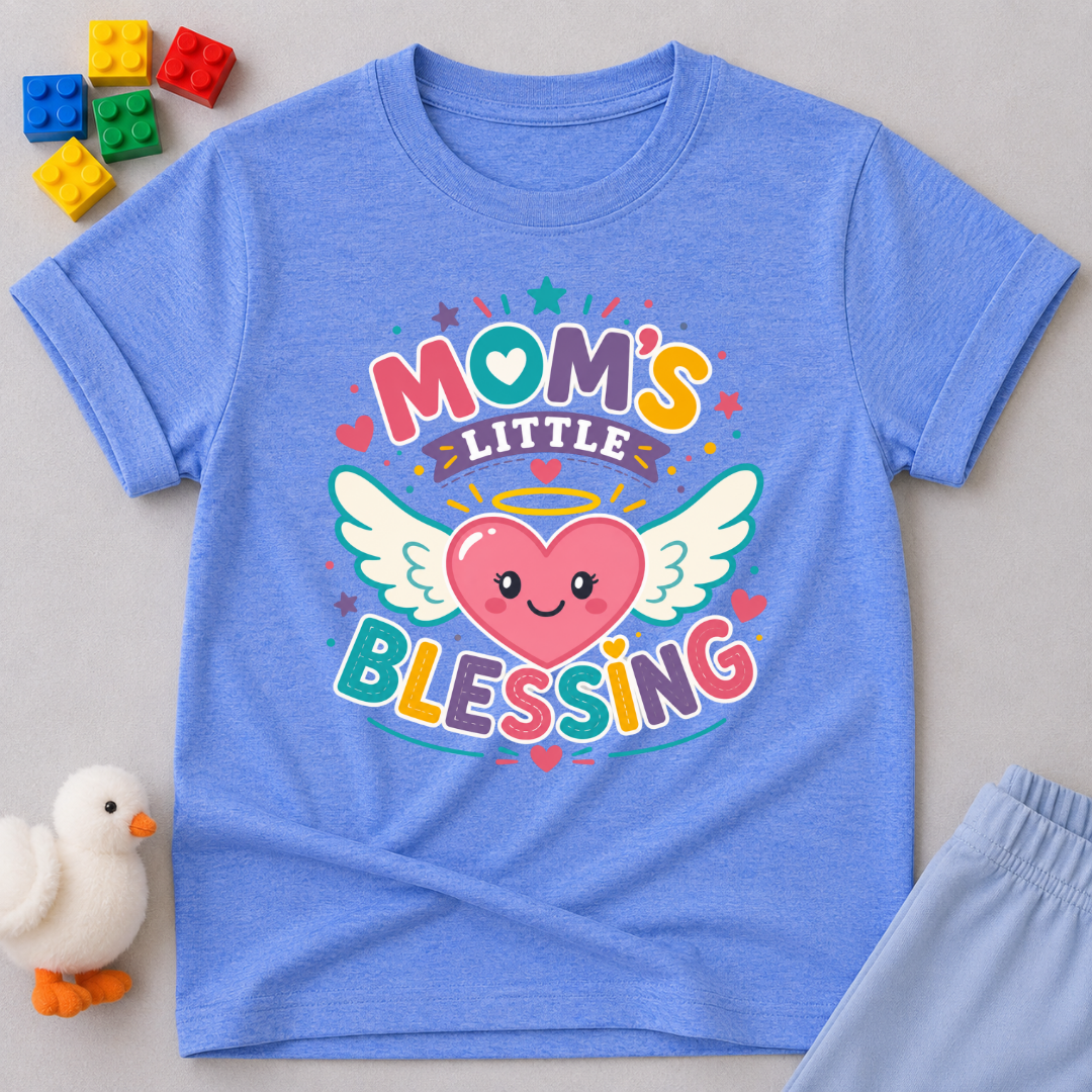 Mom's Little Blessing Heart Christian kids shirt in blue featuring a smiling heart with angel wings
