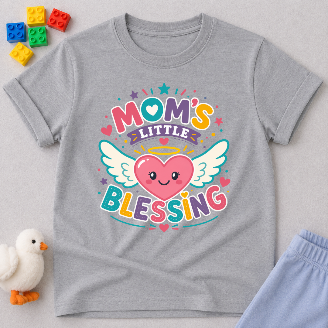Mom's Little Blessing Heart Christian kids shirt in gray featuring a smiling heart with angel wings
