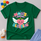 Mom's Little Blessing Heart Christian kids shirt in green featuring a smiling heart with angel wings
