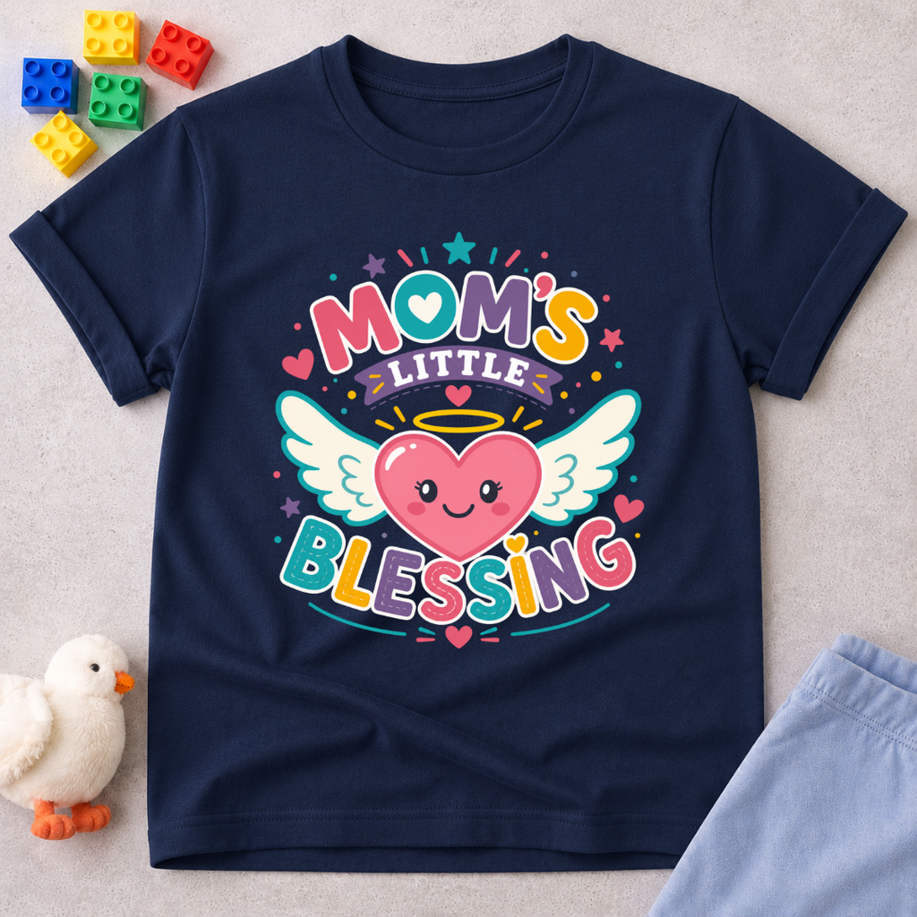 Mom's Little Blessing Heart Christian kids shirt in navy featuring a smiling heart with angel wings
