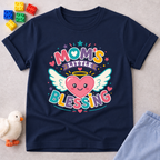 Mom's Little Blessing Heart Christian kids shirt in navy featuring a smiling heart with angel wings
