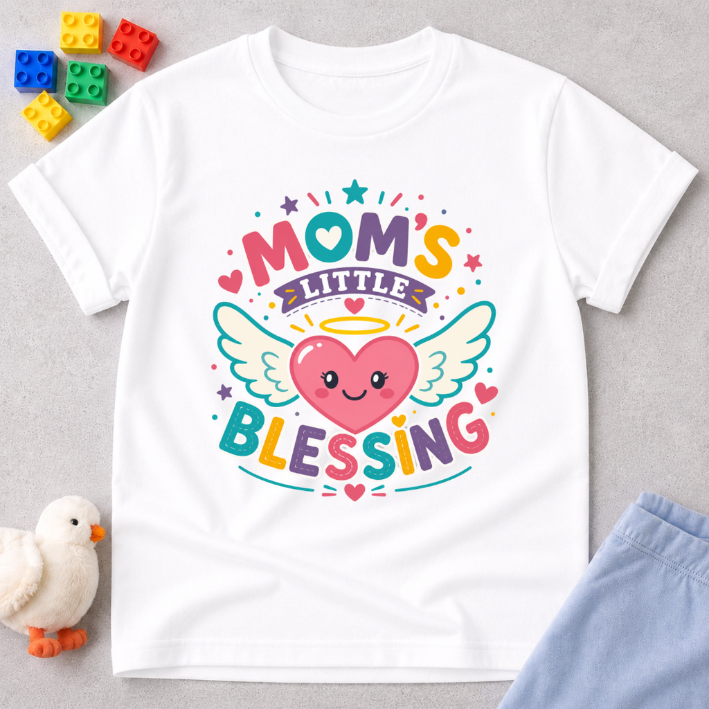 Mom's Little Blessing Heart Christian kids shirt in white featuring a smiling heart with angel wings
