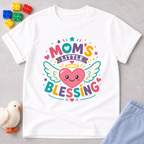Mom's Little Blessing Heart Christian kids shirt in white featuring a smiling heart with angel wings
