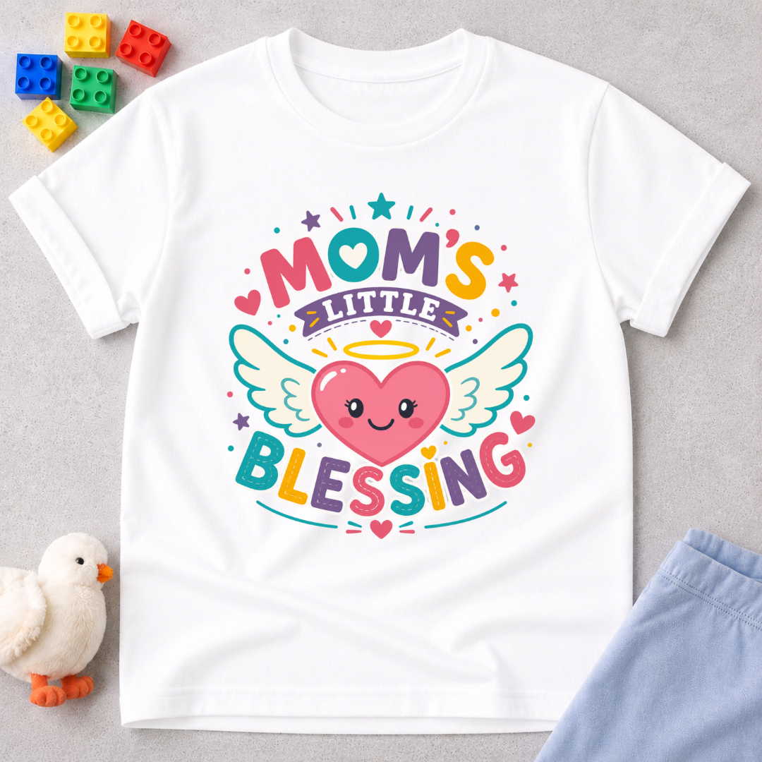 Mom's Little Blessing Heart Christian kids shirt in white featuring a smiling heart with angel wings
