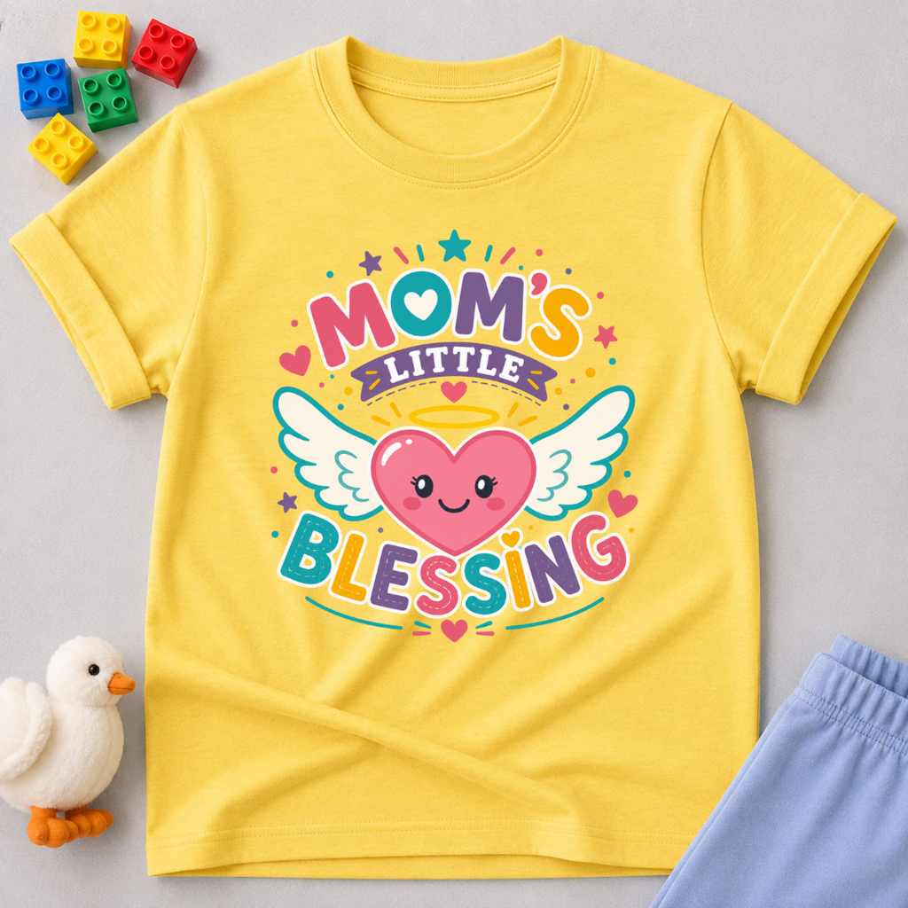 Mom's Little Blessing Heart Christian kids shirt in yellow featuring a smiling heart with angel wings
