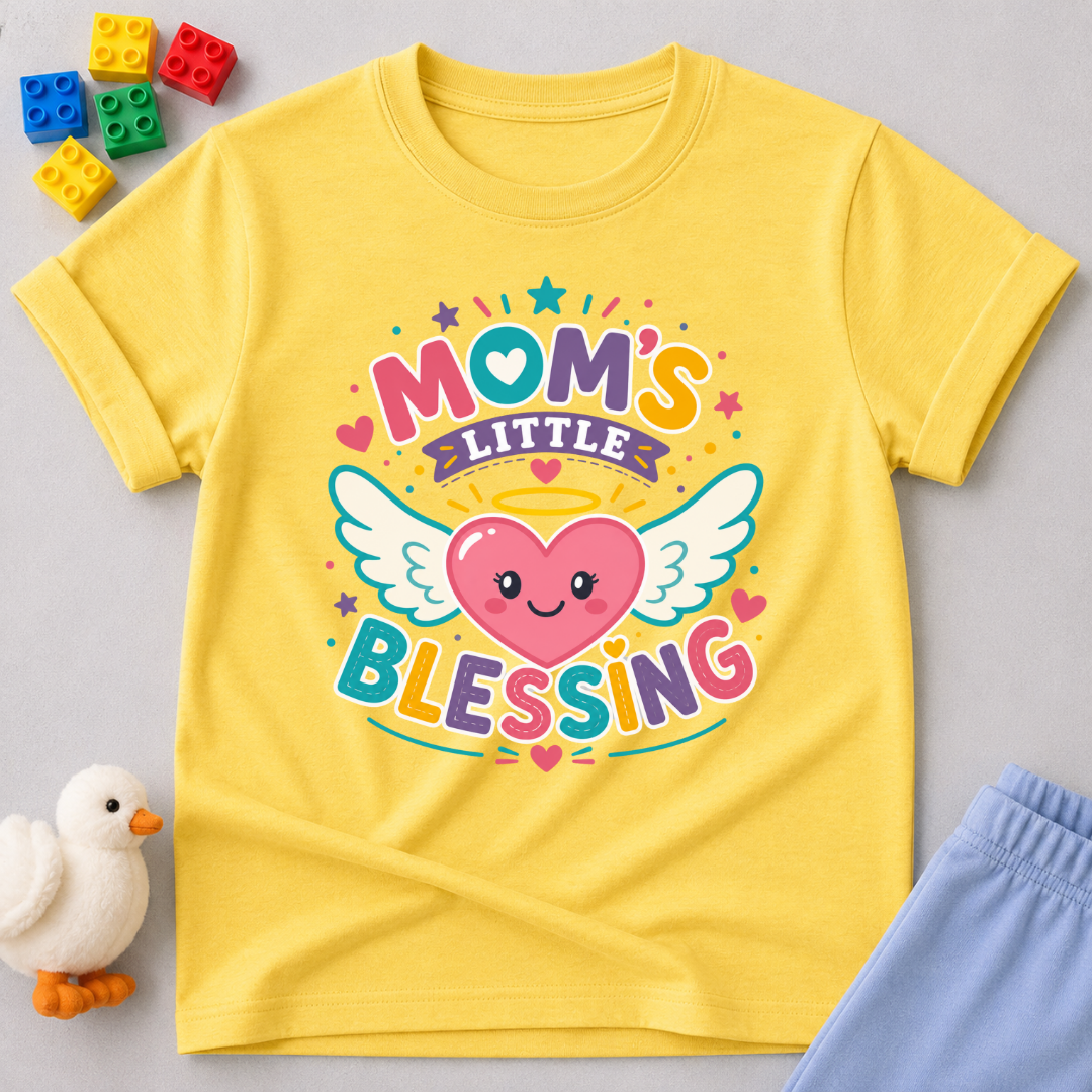Mom's Little Blessing Heart Christian kids shirt in yellow featuring a smiling heart with angel wings
