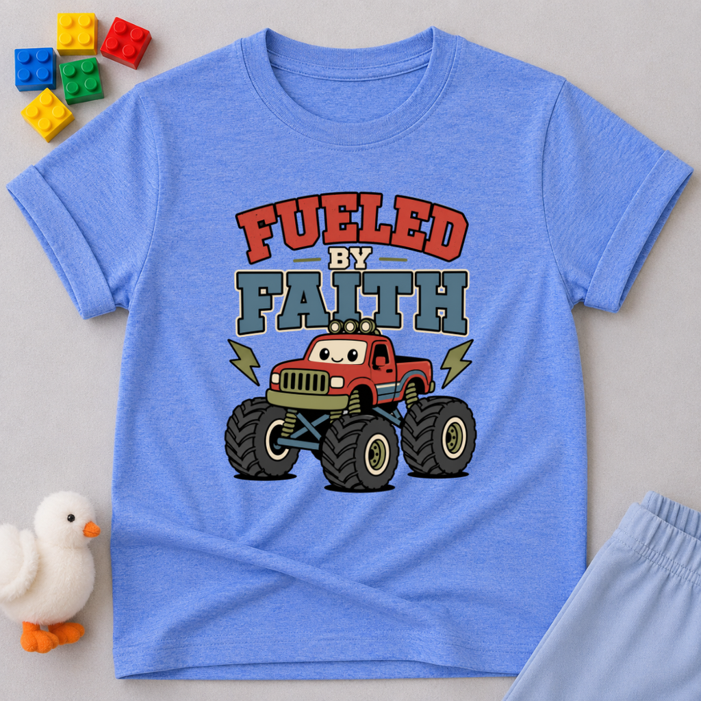 Monster Truck Faith Power Shirt Christian kids shirt in blue featuring a monster truck and faith-inspired design

