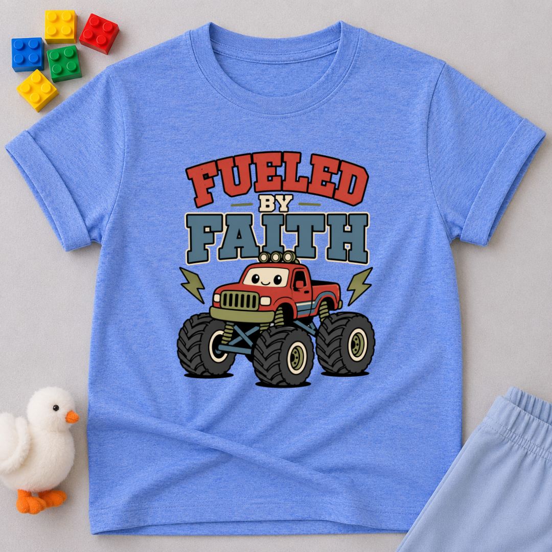 Monster Truck Faith Power Shirt Christian kids shirt in blue featuring a monster truck and faith-inspired design
